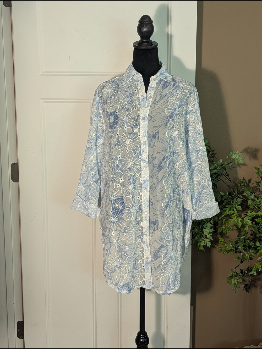 Brand New With Tags. Adiva Light Blue and White Eyelet Tunic Shirt. Summer.